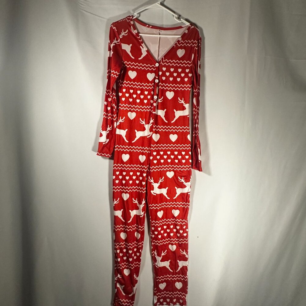 Red Reindeer & Heart Christmas Pajama Jumpsuit Small